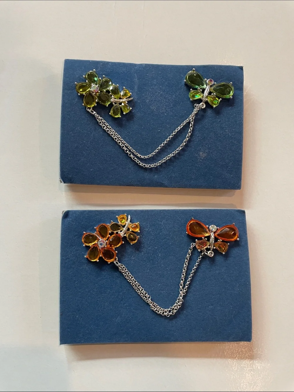 Green and Orange Crystal Butterfly Chain Brooch Set